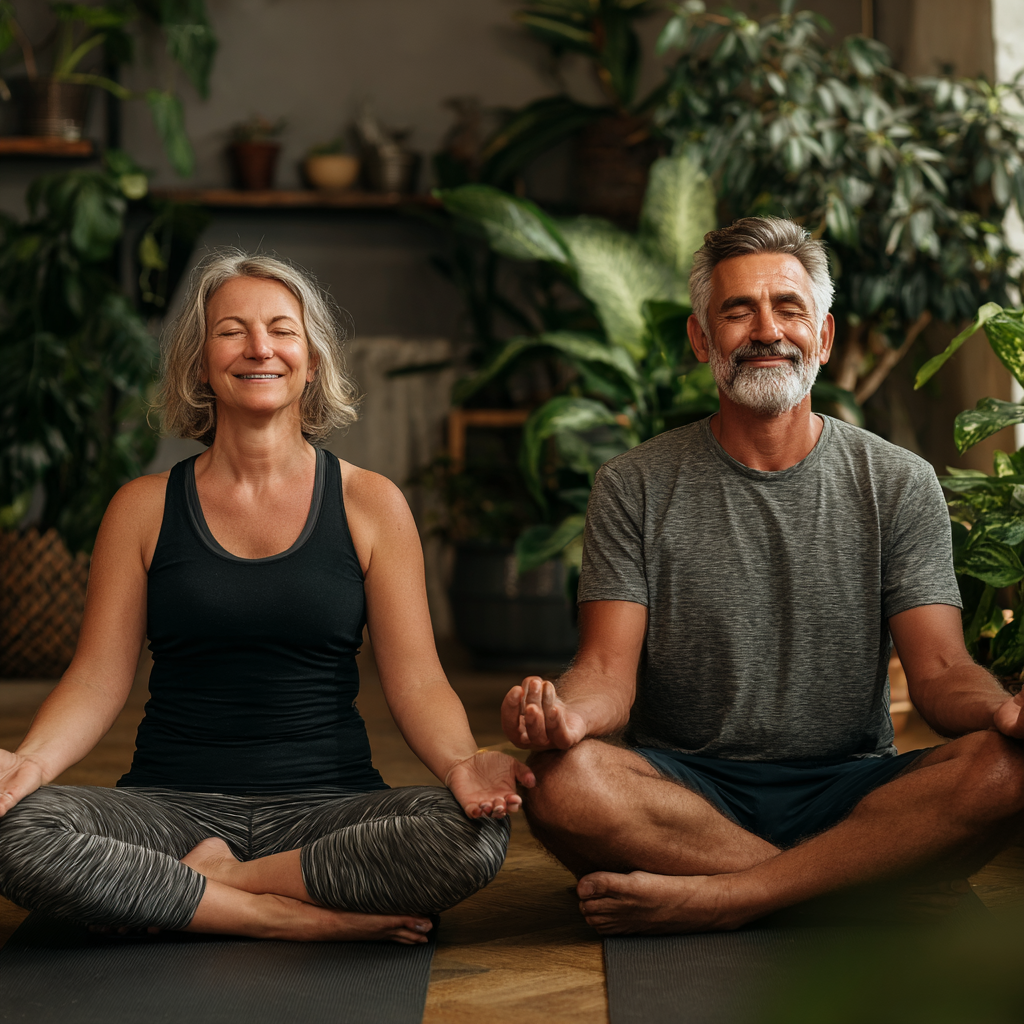 Усміхнена жінка середнього віку в білому топі та рожевих легінсах виконує асану йоги на килимку у світлій студії з великими вікнами