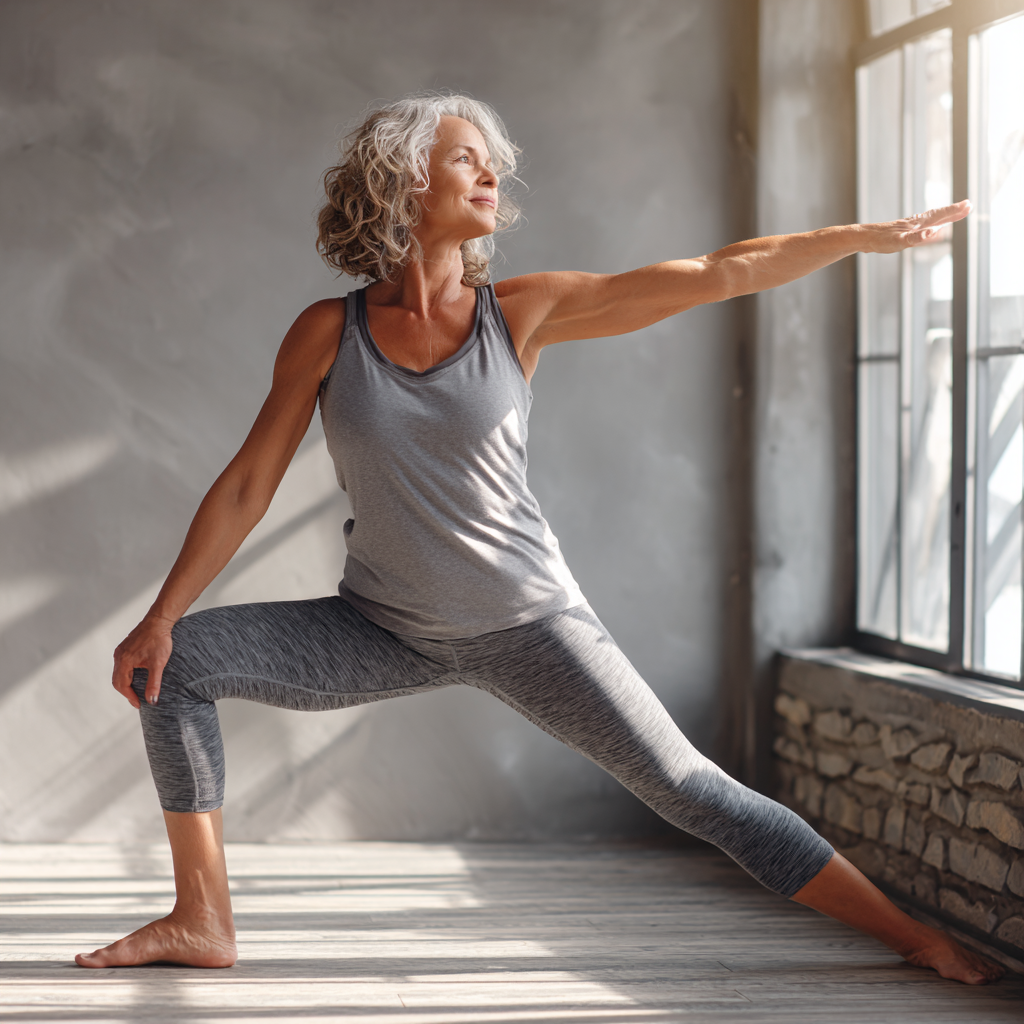 Усміхнений чоловік та жінка середнього віку в спортивному одязі сидять в позі лотоса під час медитації у затишній йога-студії з рослинами