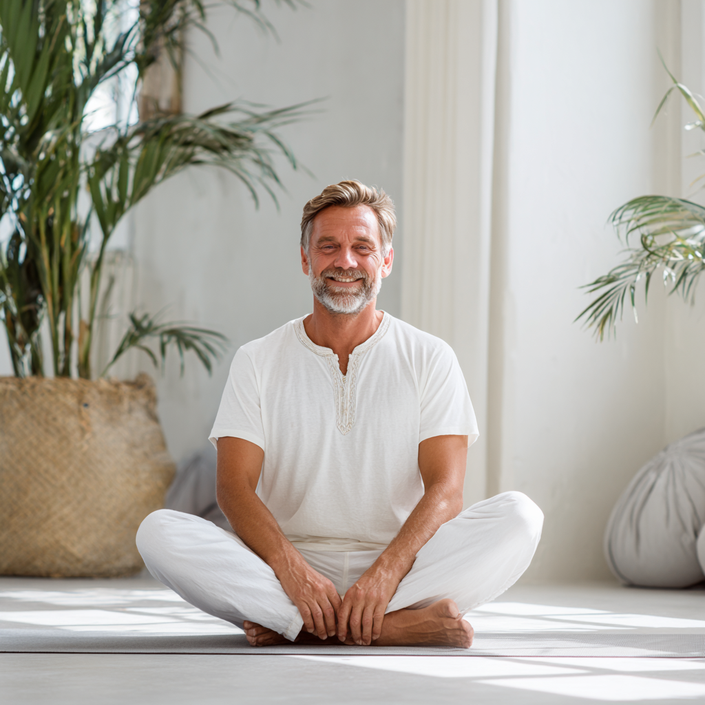 Усміхнений інструктор йоги середнього віку в білому одязі демонструє асану у світлій студії з рослинами та природним освітленням